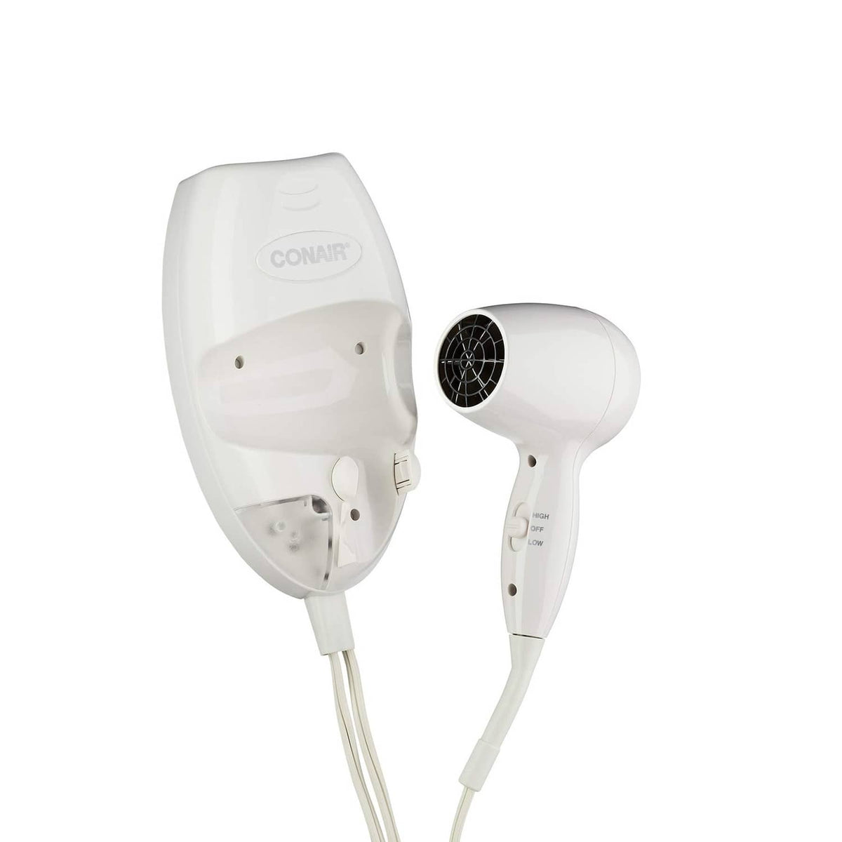 Conair wall-mount hair dryer with flip-up back plate and circular intake vent