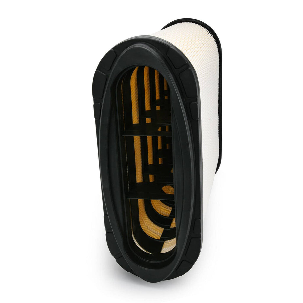 Engine air filter cartridge end view with black housing and white pleated paper center
