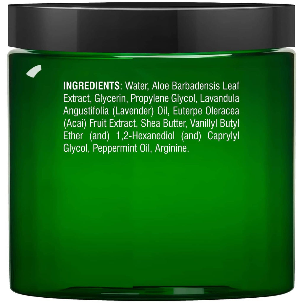 Majestic Pure lavender oil foot cream back label with ingredients on green jar.