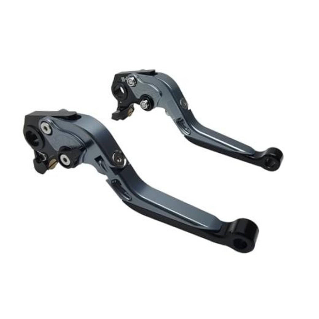 Motorcycle brake and clutch lever set, dark gray aluminum with black rubber ends