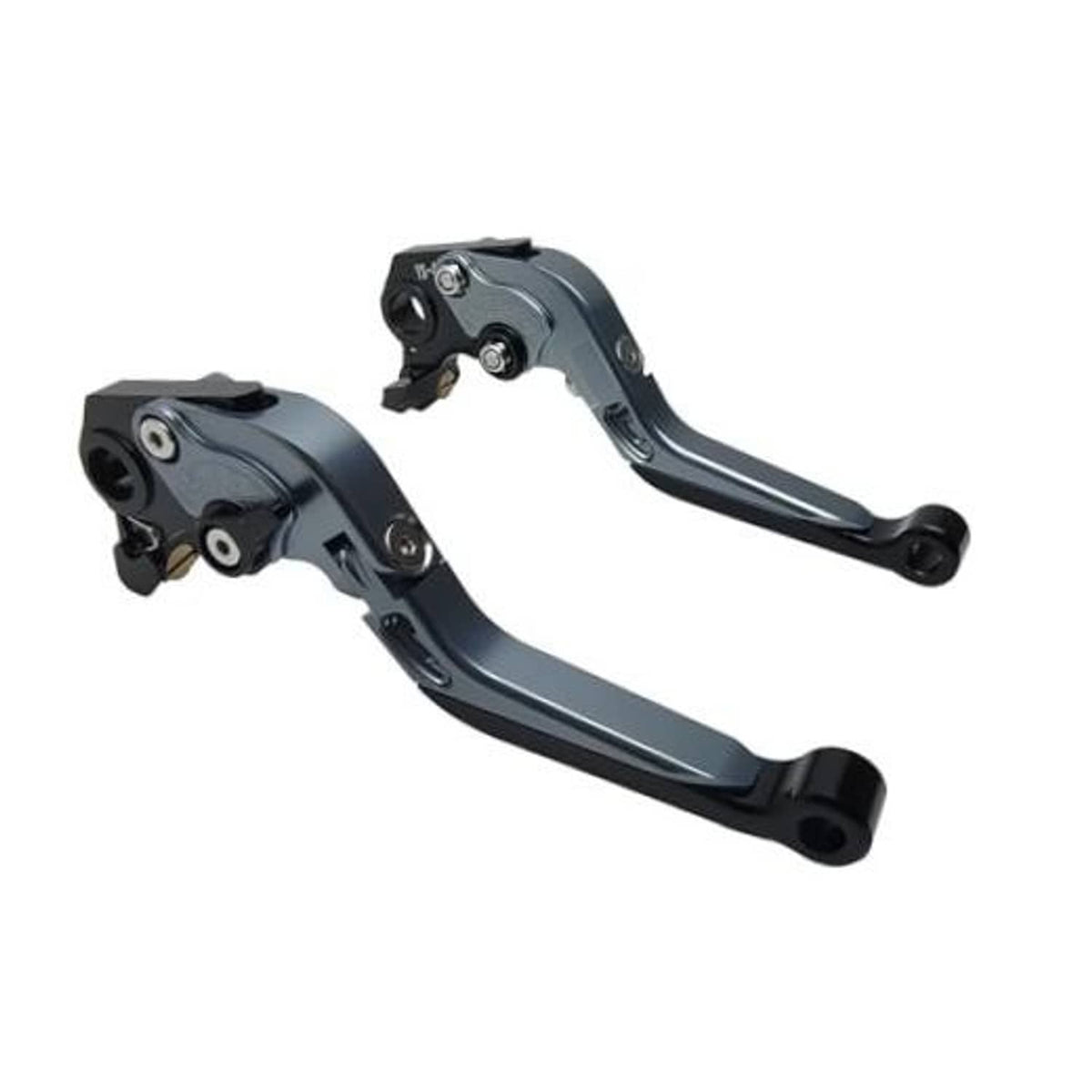 Motorcycle brake and clutch lever set, dark gray aluminum with black rubber ends