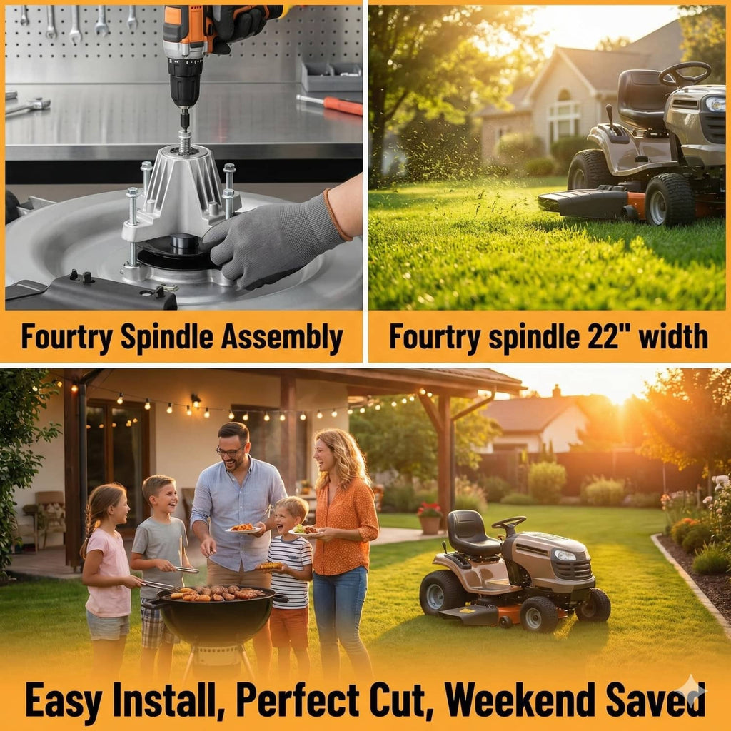 Mower spindle assembly kit for easy install, shown with a lawn tractor