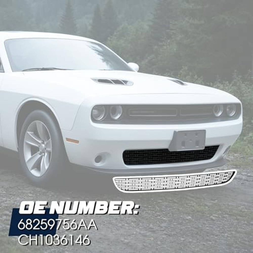 Front bumper lower grille installed on a white car, black mesh with silver frame