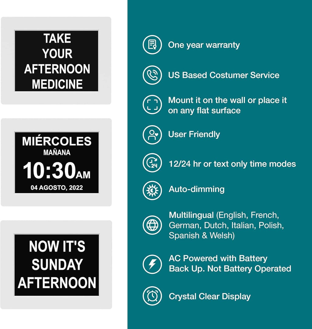 Digital dementia clock info panel with warranty, service, and auto-dimming features