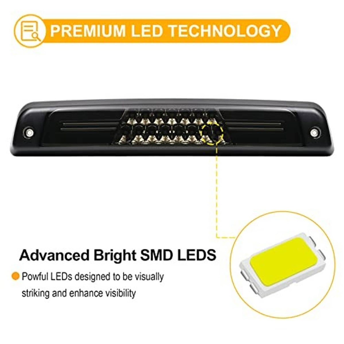 Smoked LED third brake light with black housing and clear LED lens row