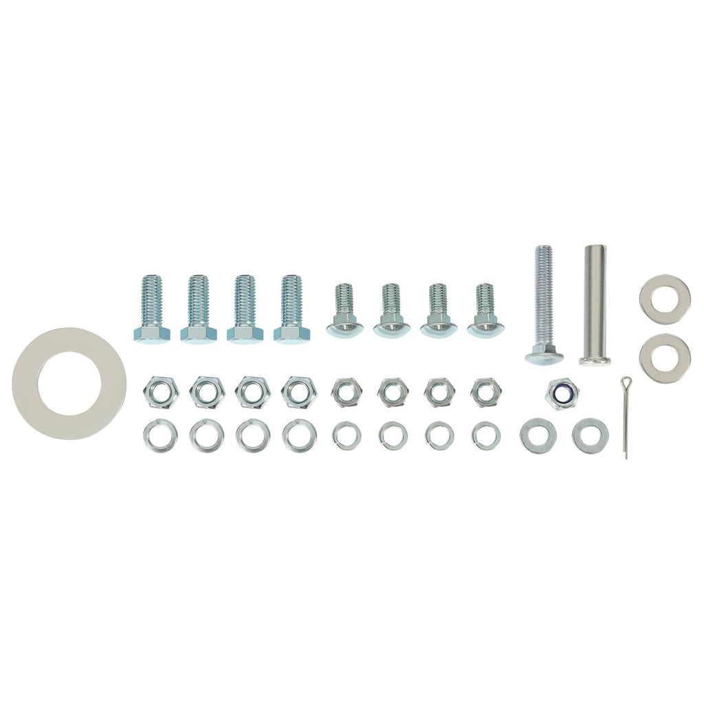 Scrape blade hardware set with bolts, washers, and spacer rings on white background