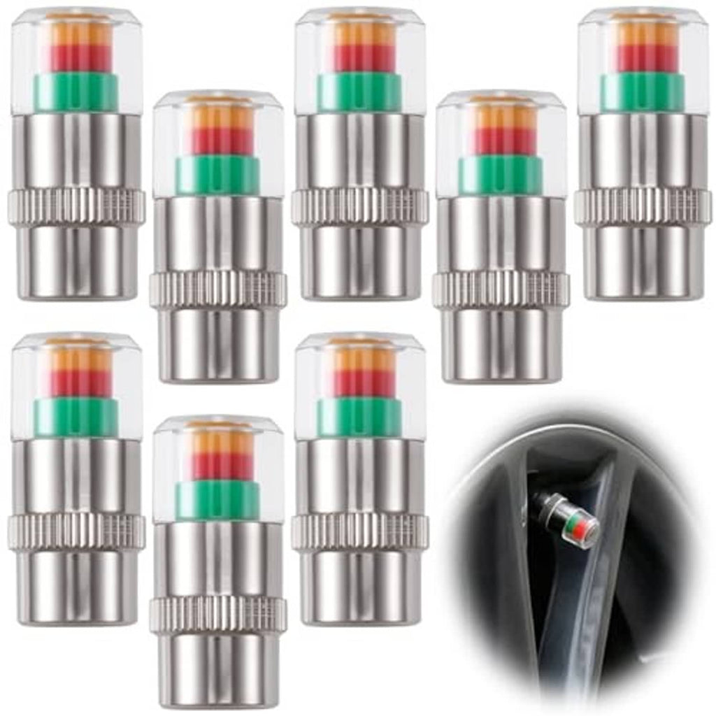 Silver tire valve caps with colored indicator bands, grouped set and wheel inset
