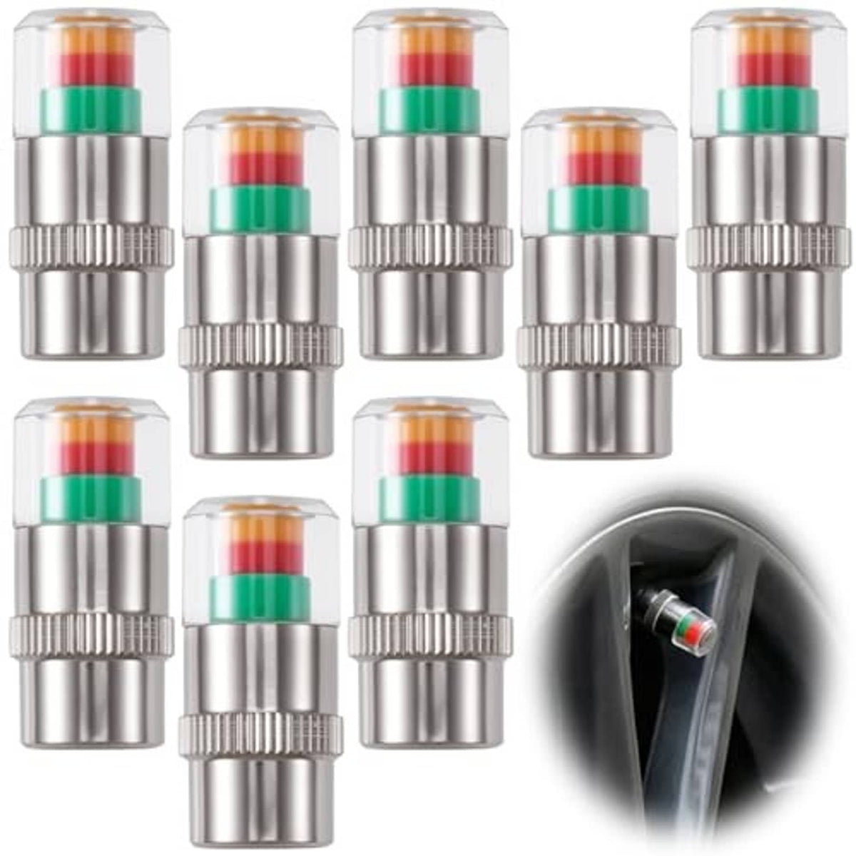 Silver tire valve caps with colored indicator bands, grouped set and wheel inset