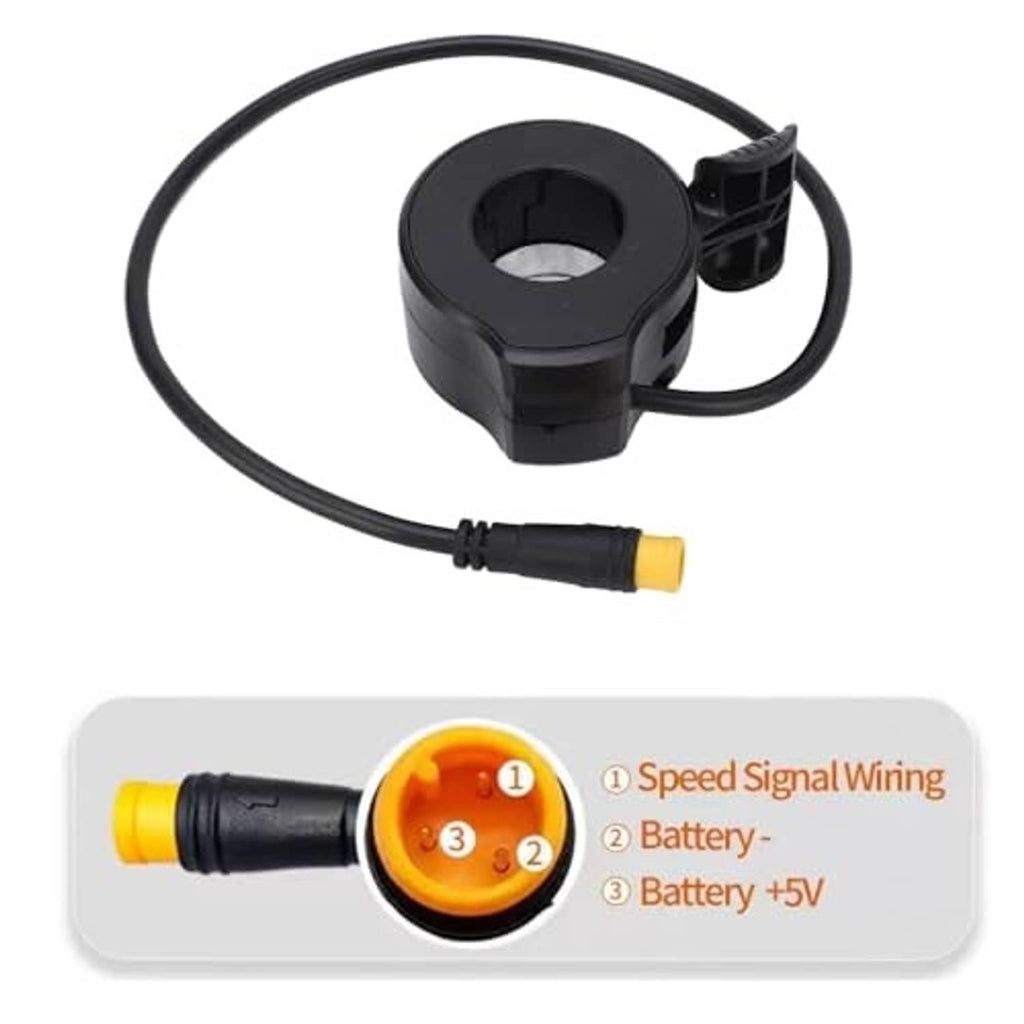 Circular thumb throttle sensor housing with black cable and yellow output tip