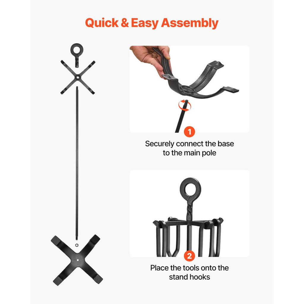 Black fireplace tool set stand with tools attached on hooks, shown for assembly