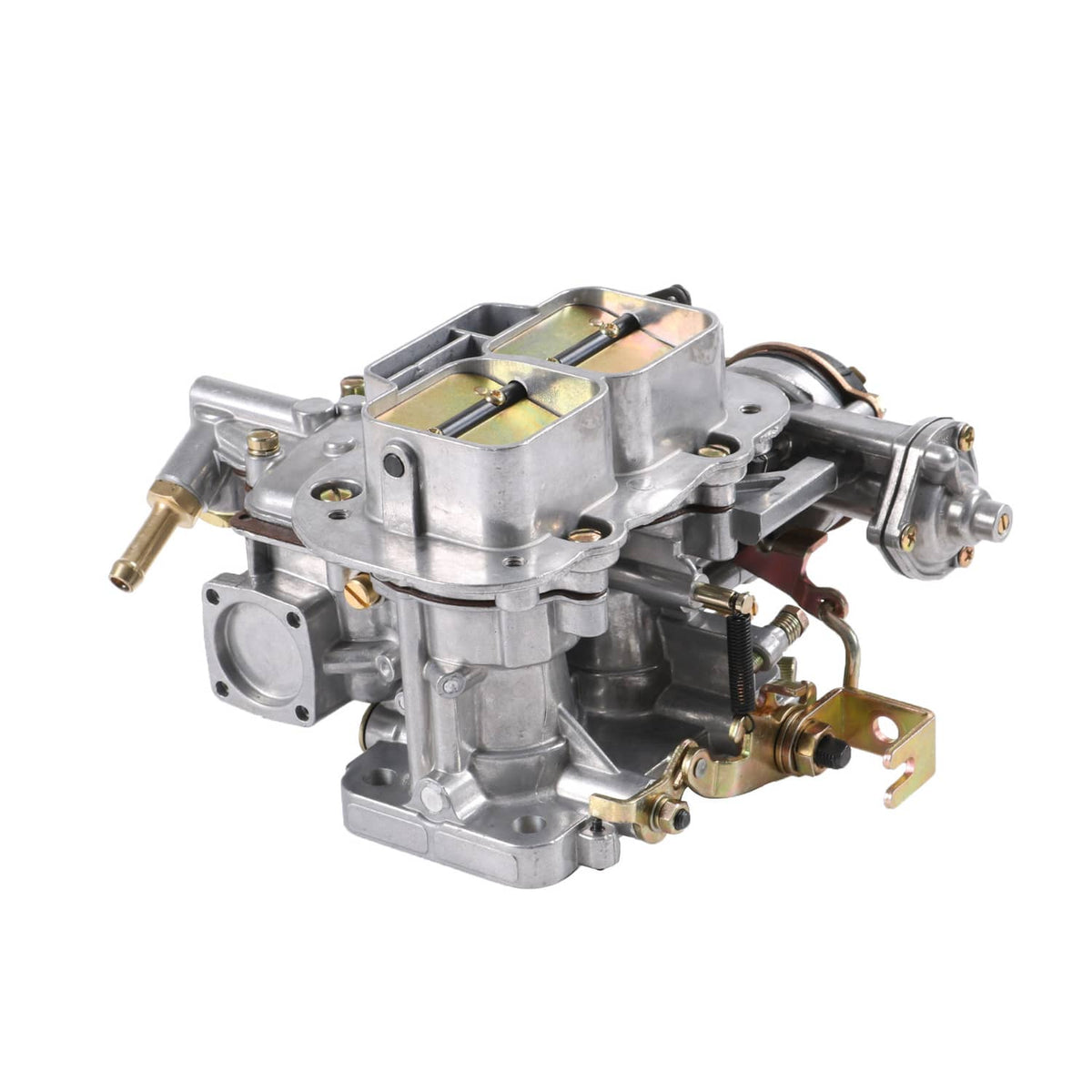 2-barrel carburetor with fuel line fittings and external adjustment hardware