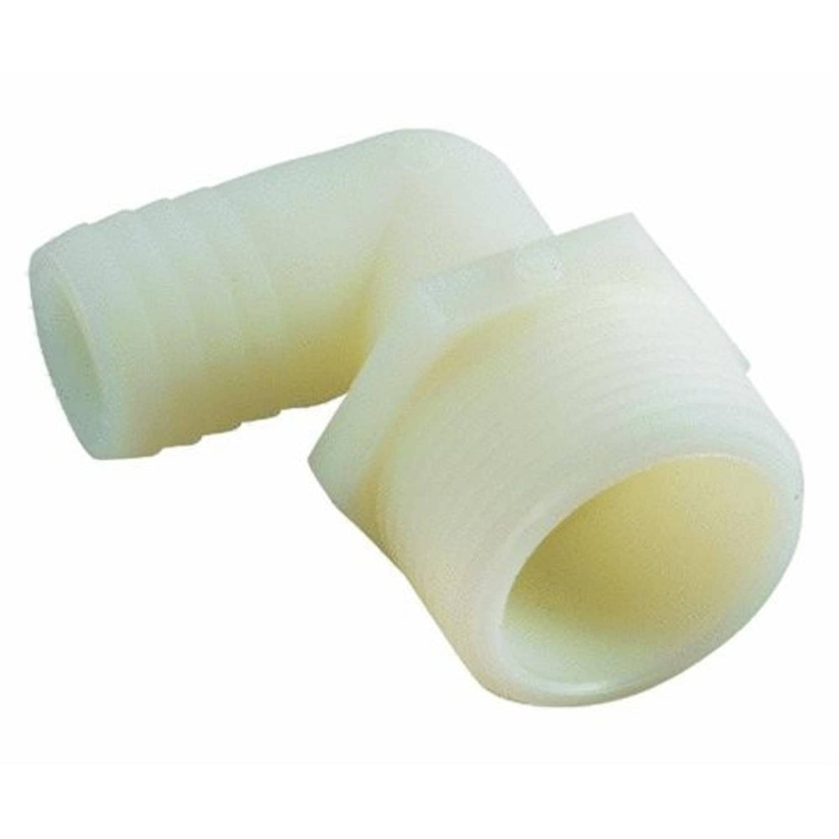 Pale nylon hose barb fitting with male pipe-threaded end, side view