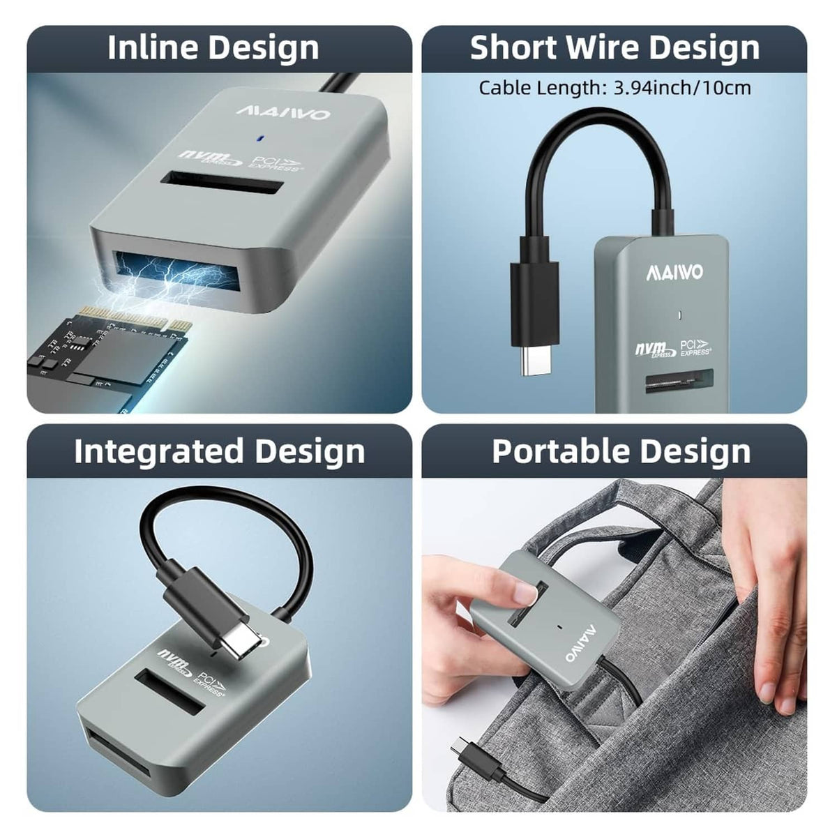 Grey portable M.2 NVMe to USB-C adapter with short inline cable design