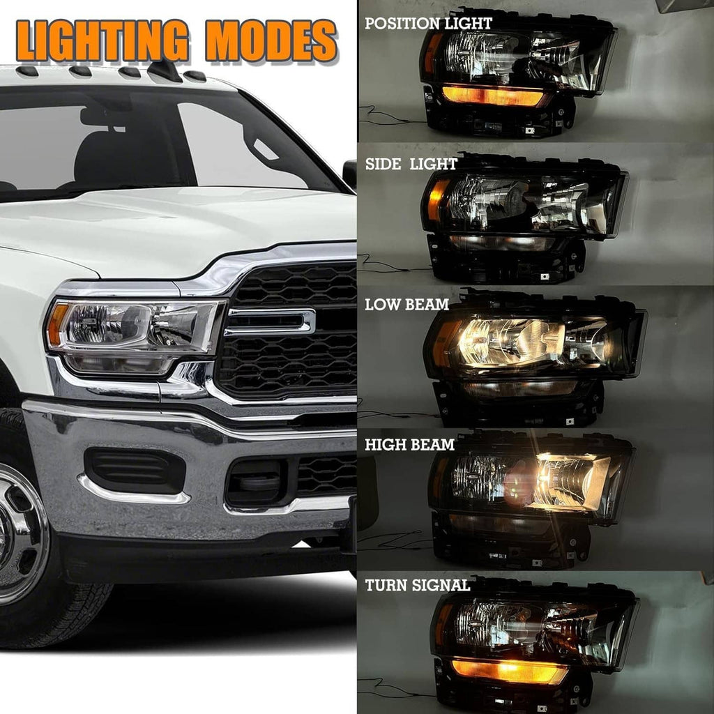 Right halogen chrome headlight assembly showing low beam, high beam, turn signal lenses