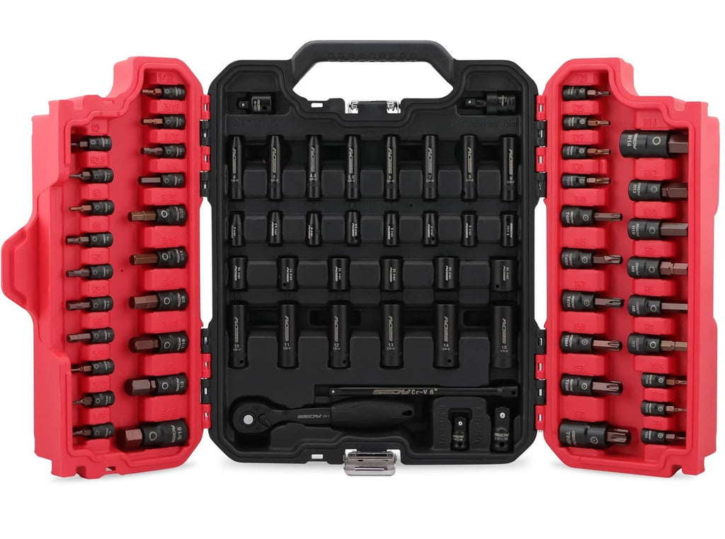 Impact socket set in red and black carry case with assorted socket and bit holders