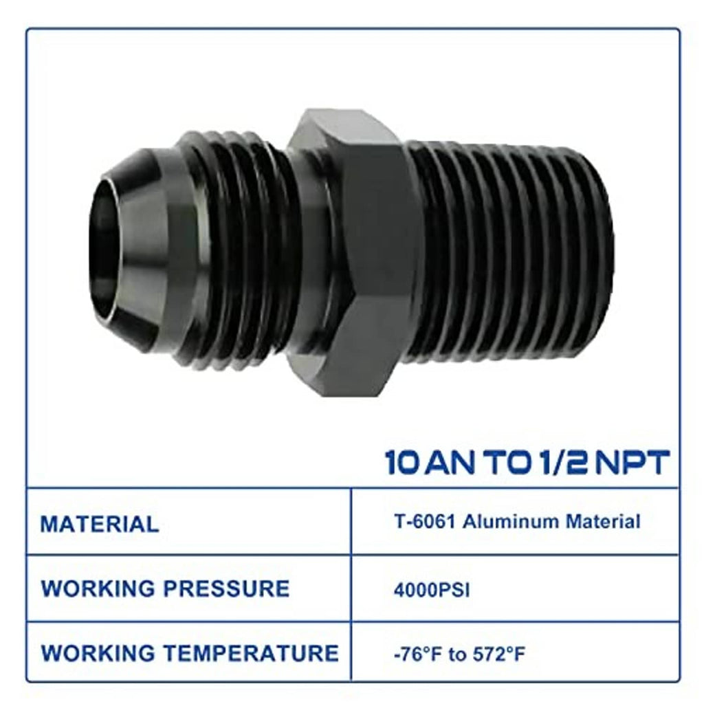 10AN to 1/2 NPT male aluminum adapter, dark finish, hex connection and deep threads