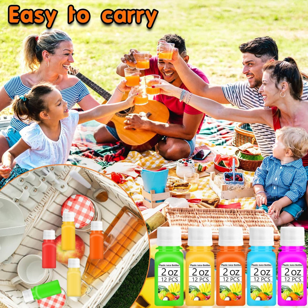 Assorted 2 oz mini plastic juice bottles with white caps, packed for travel