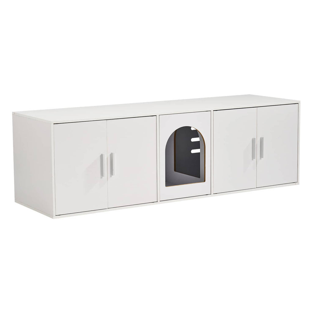 White wooden litter box enclosure with central dark arched cat door and four front cabinet doors