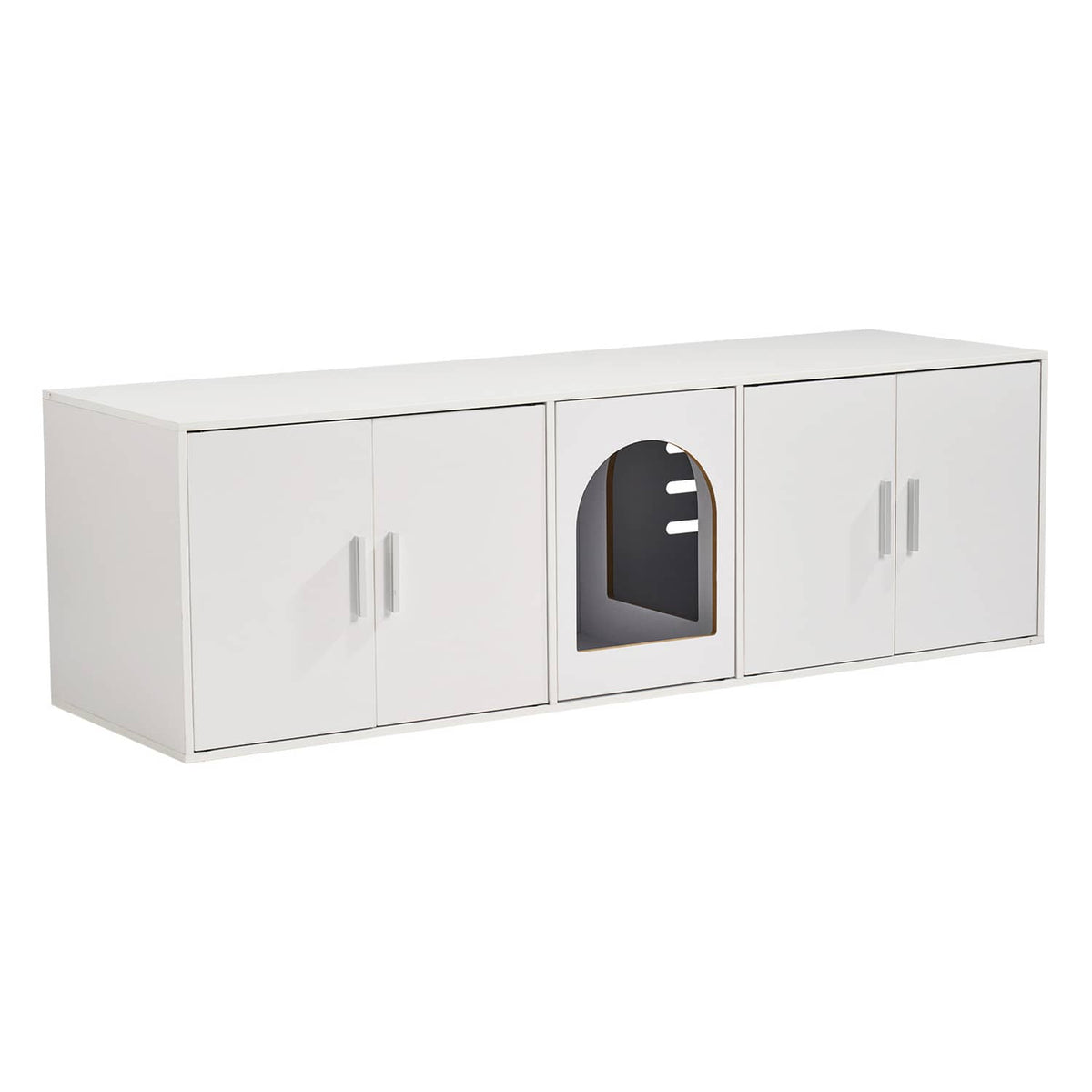 White wooden litter box enclosure with central dark arched cat door and four front cabinet doors