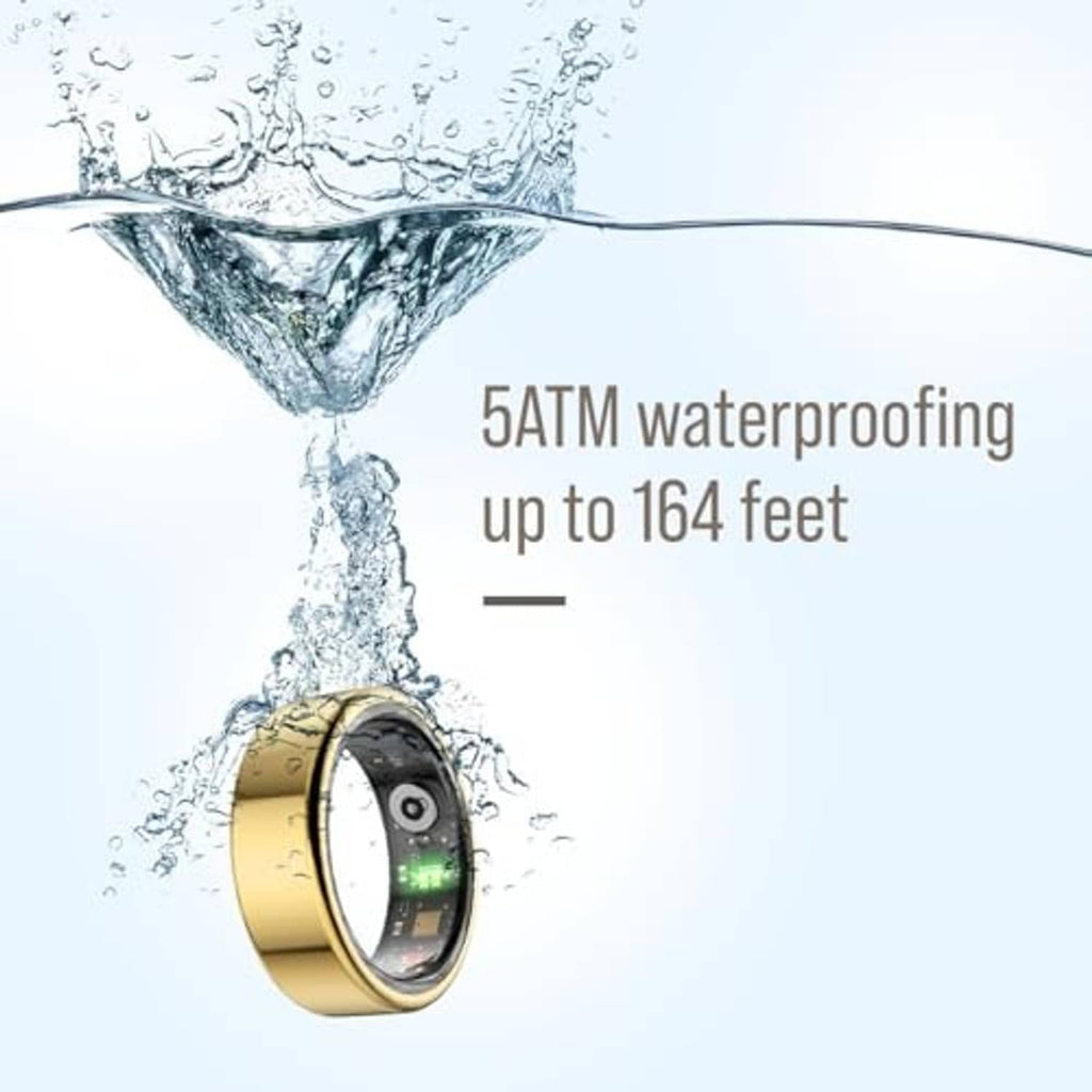 Gold smart ring with display, splash effect indicating 5ATM waterproofing