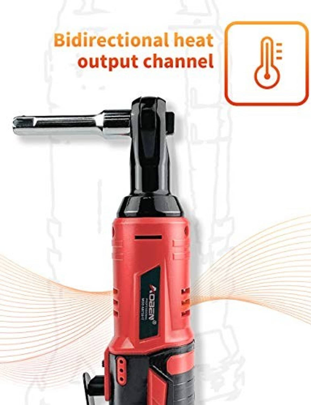 Cordless electric ratchet wrench with rotating head and red-and-black body