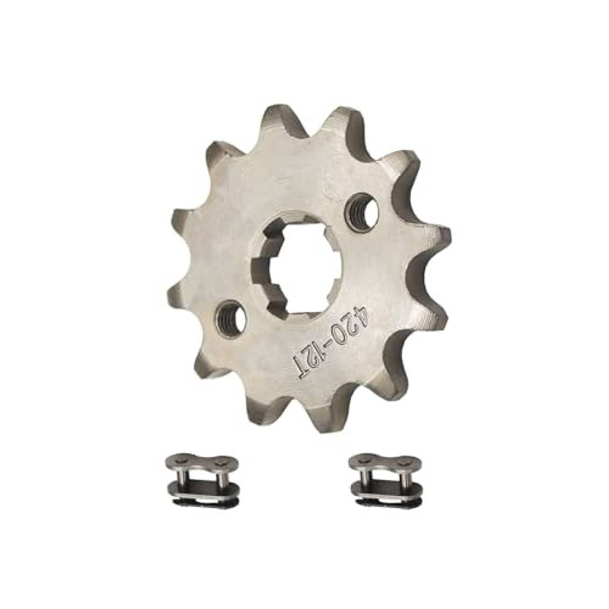 Steel 420 chain front sprocket cog, 12T, 17mm bore; two mounting pins included