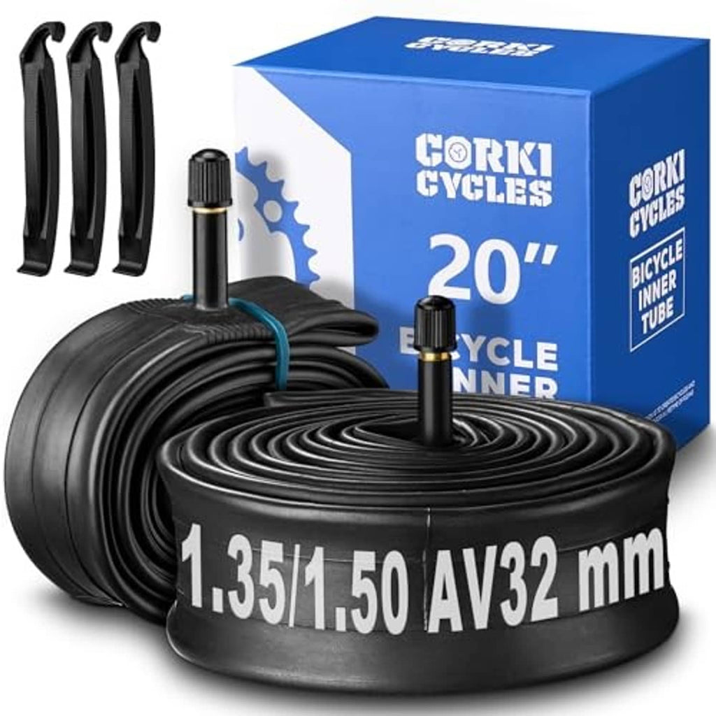 20 in bike inner tubes with box, black butyl rubber, Schrader valve, 2-pack