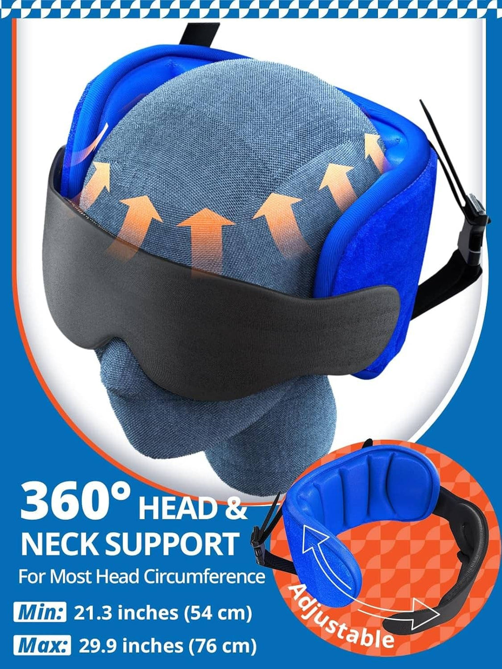 Blue and gray travel neck pillow with adjustable neck support strap