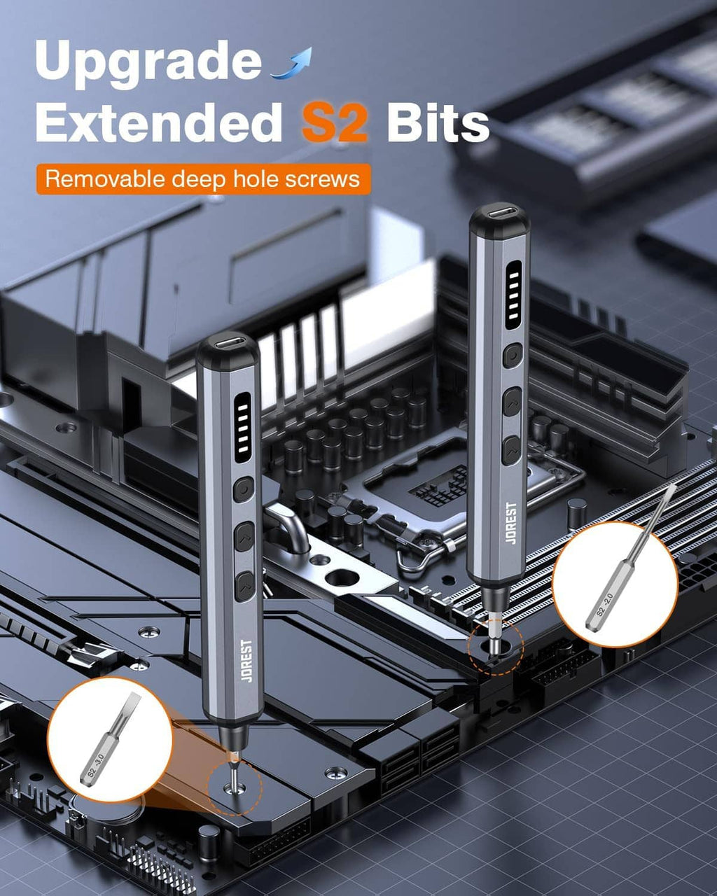 Cordless precision screwdriver with extended S2 bits and removable deep-hole screws