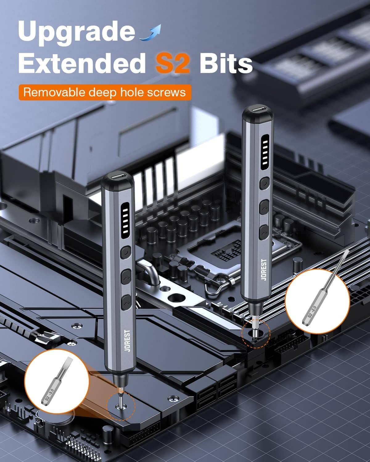 Cordless precision screwdriver with extended S2 bits and removable deep-hole screws