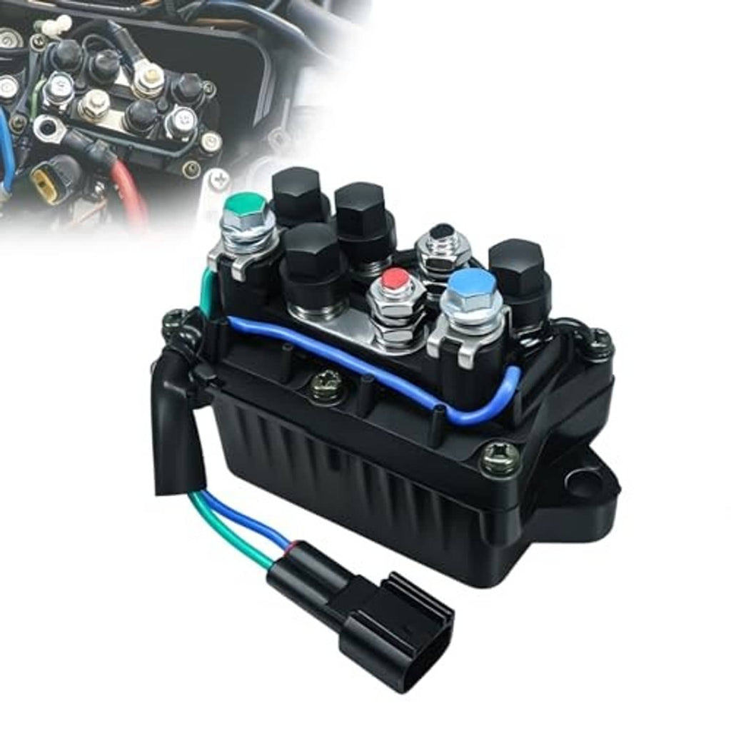 Outboard trim relay with black housing and blue wire harness, angled view
