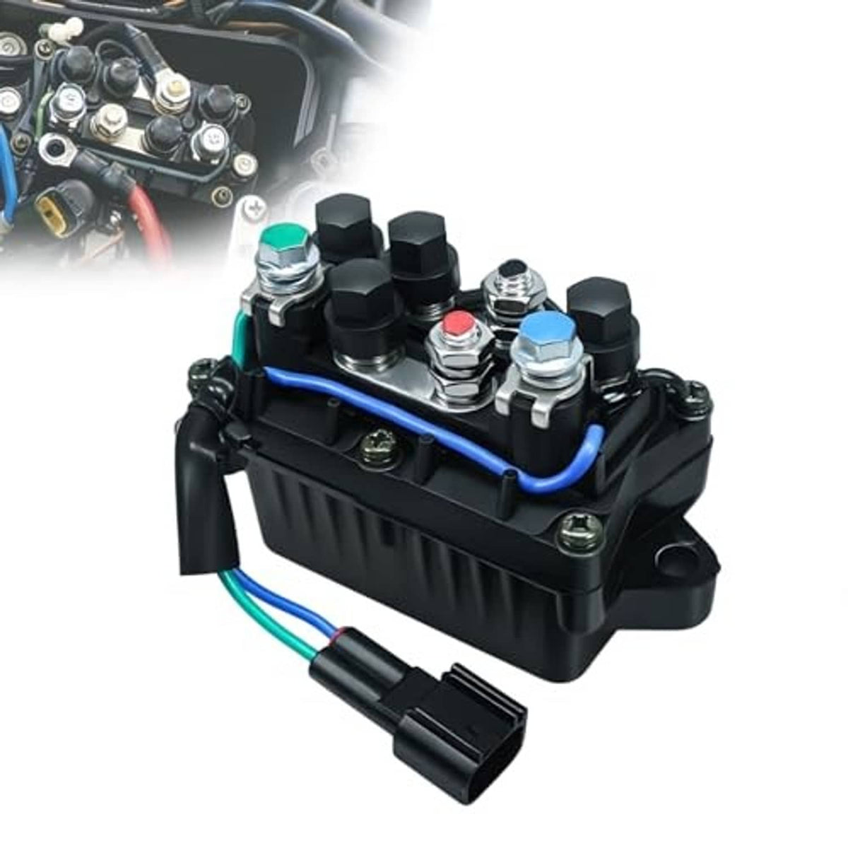Outboard trim relay with black housing and blue wire harness, angled view