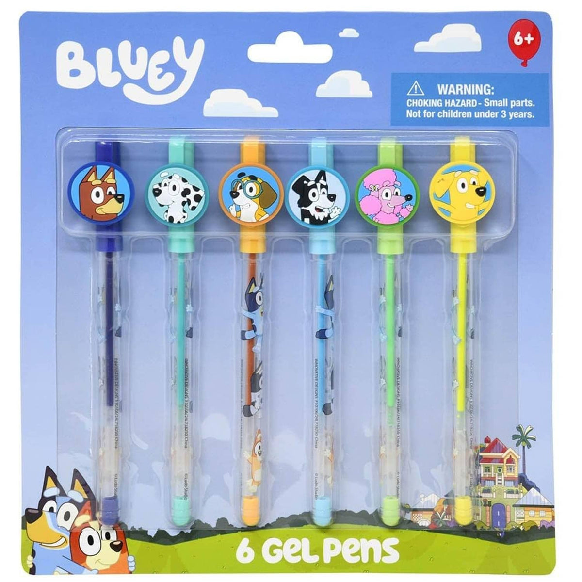 Bluey 6-pack gel pens in blister pack with 6 colorful character caps