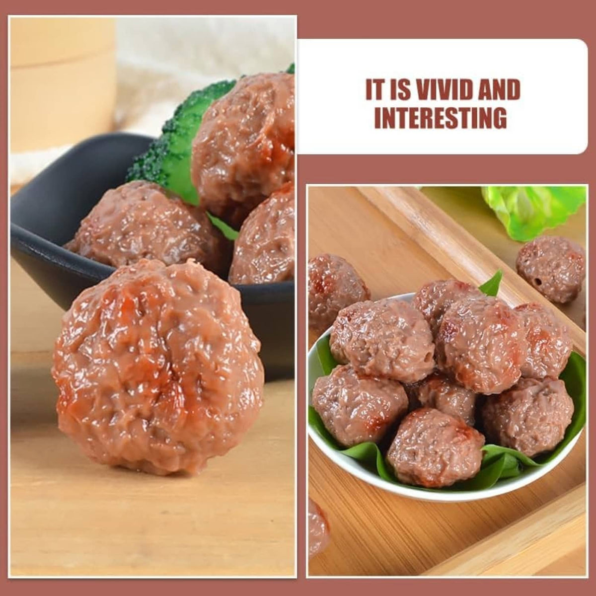 Artificial beef meatballs, brown, close-up in a bowl with green leaf garnish