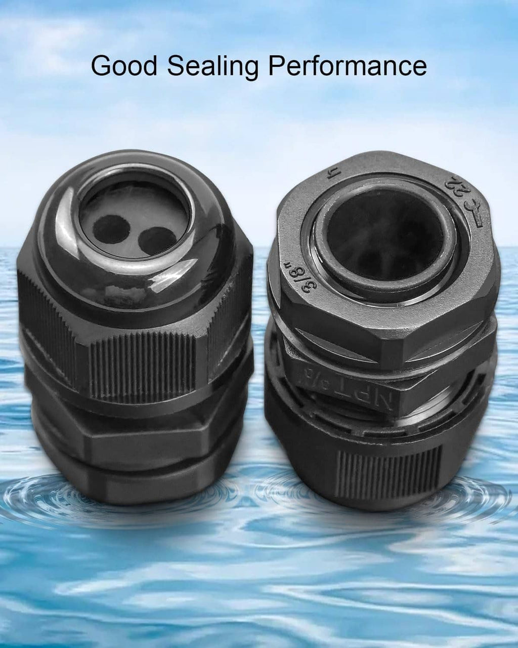 Pair of black bulkhead fitting connectors with rubber-like sealing rings