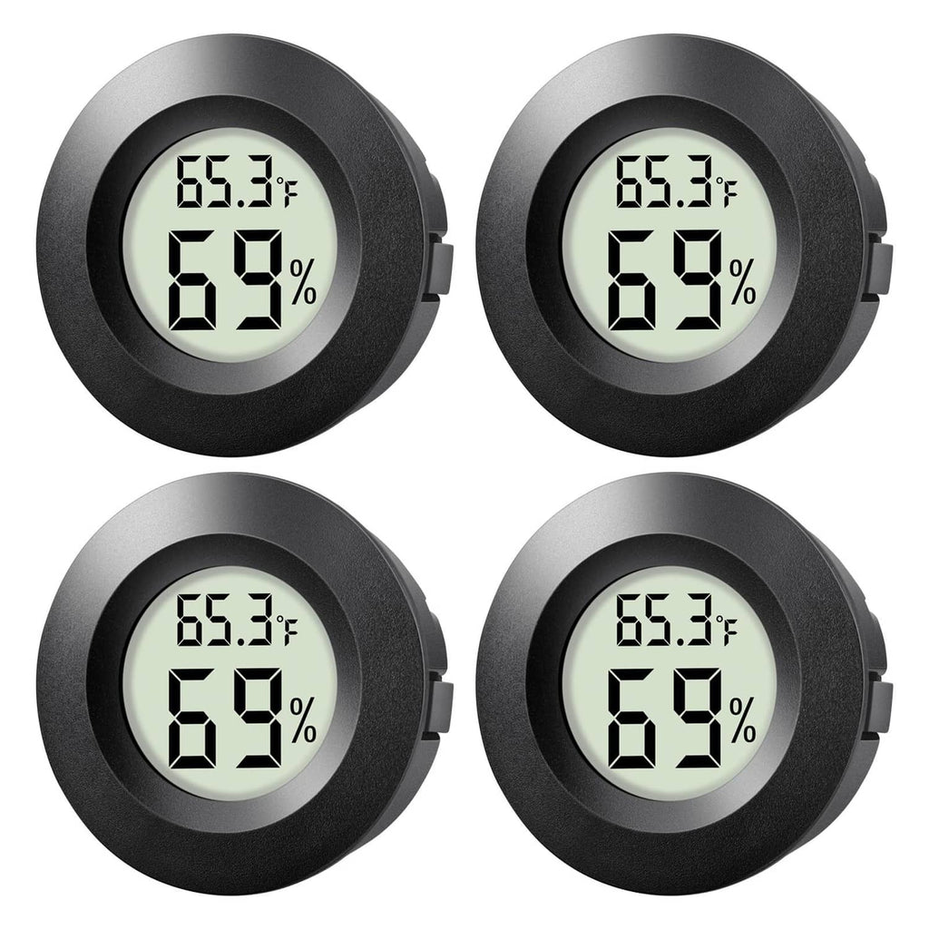 4-pack round mini hygrometers, black with digital 65.3°F and 69% display