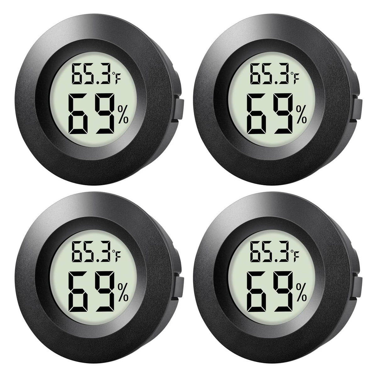 4-pack round mini hygrometers, black with digital 65.3°F and 69% display