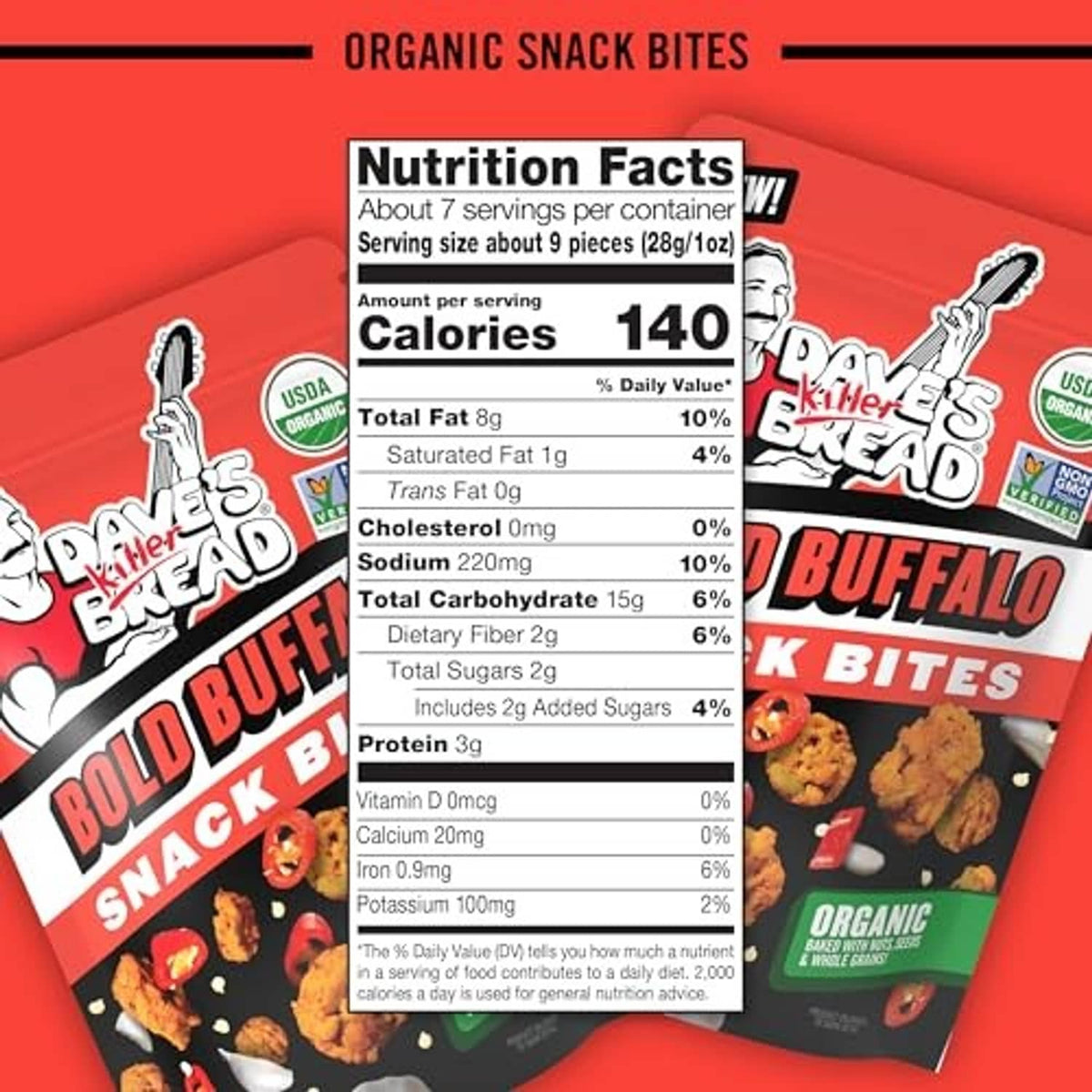 Nutrition Facts panel for organic snack bites with Bold Buffalo front pouch