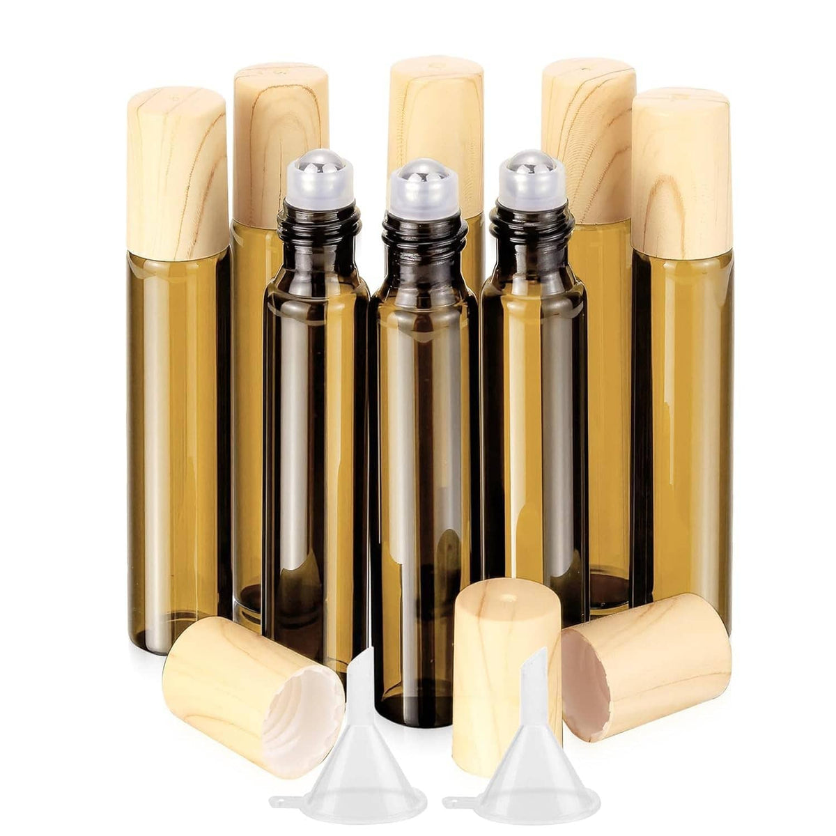 Eight-pack amber roll-on glass bottles with wooden caps, silver roller balls, and funnels