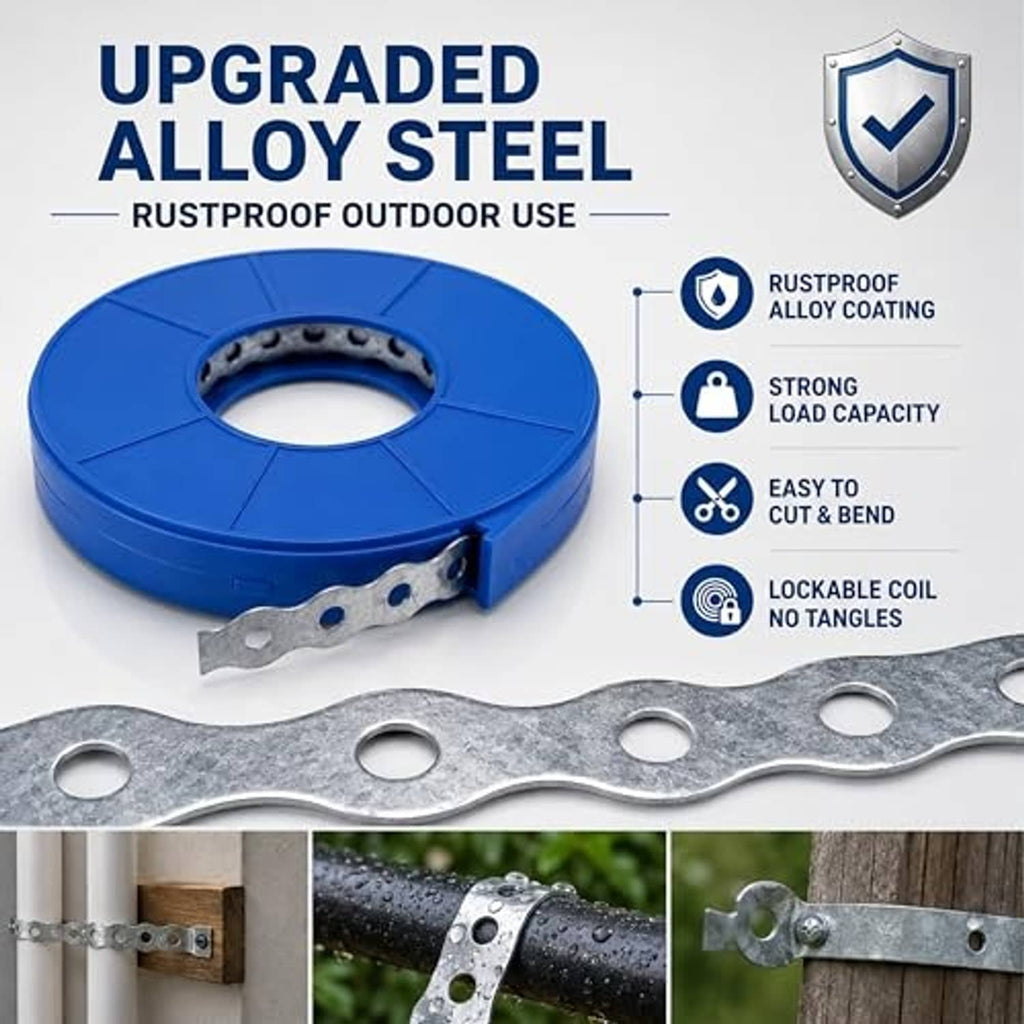 Rustproof perforated metal pipe strap on blue coil reel with strap tail