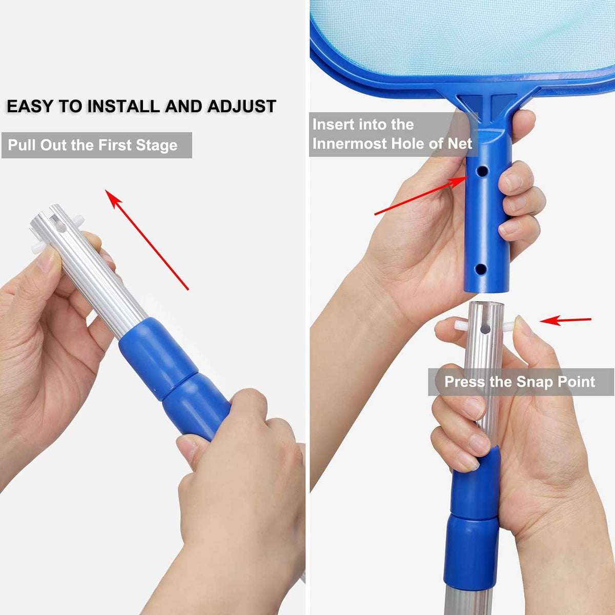 Telescopic pole with snap-lock connection and fine-mesh skimmer net head