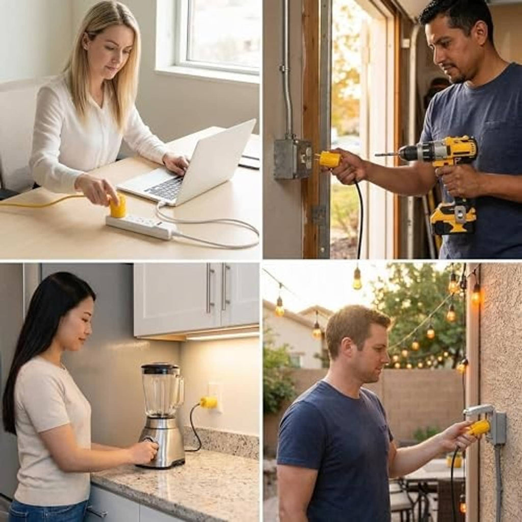 Yellow twist-lock generator adapter being installed during home tasks