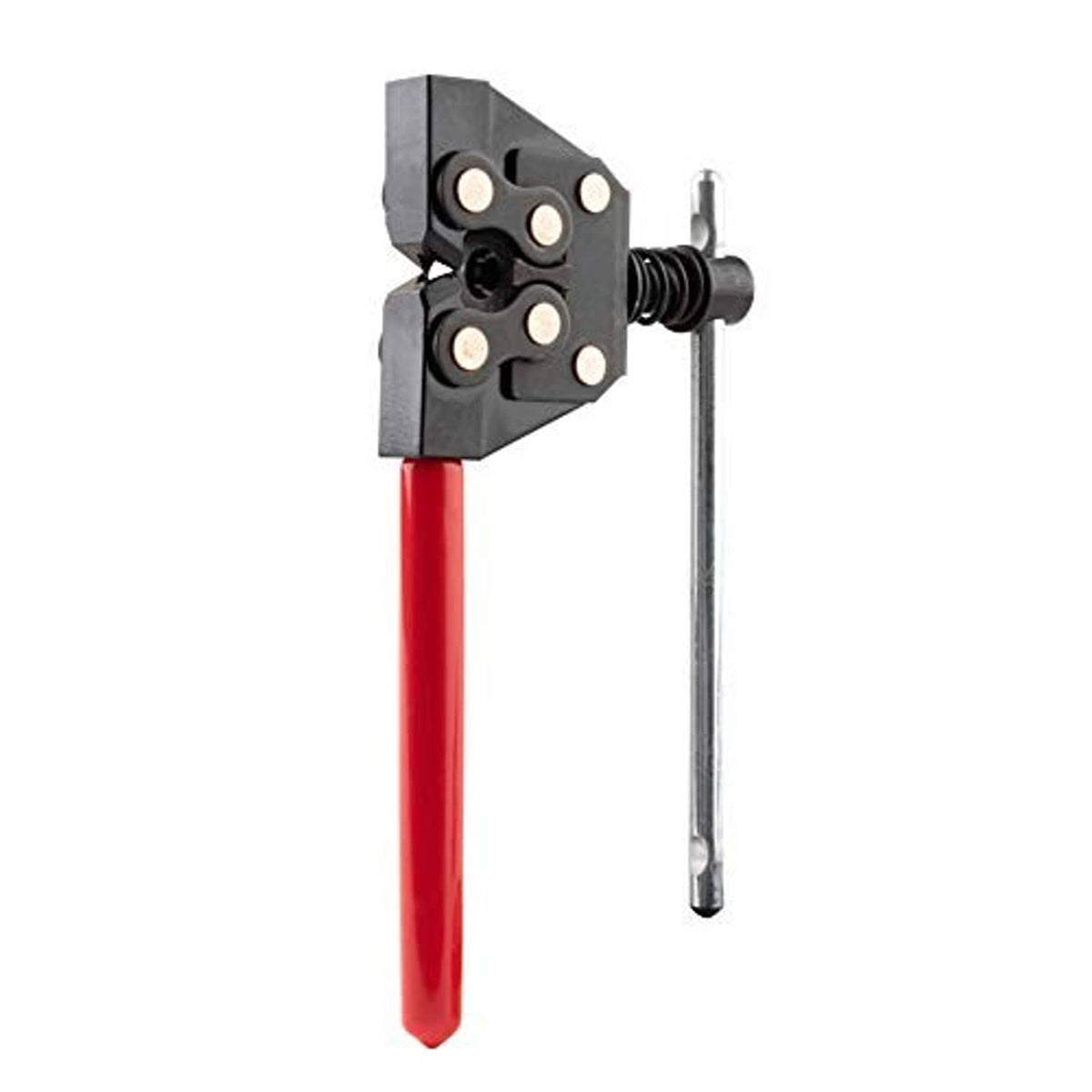 Motorcycle chain breaker tool with red handle and black head, steel pin and spring