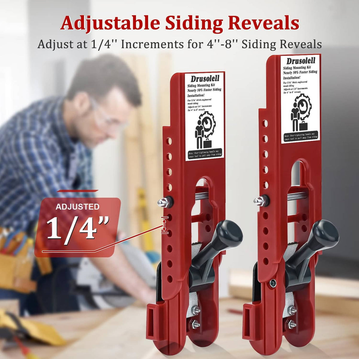 Pair of red adjustable siding reveal tools with notched bracket and lever handles