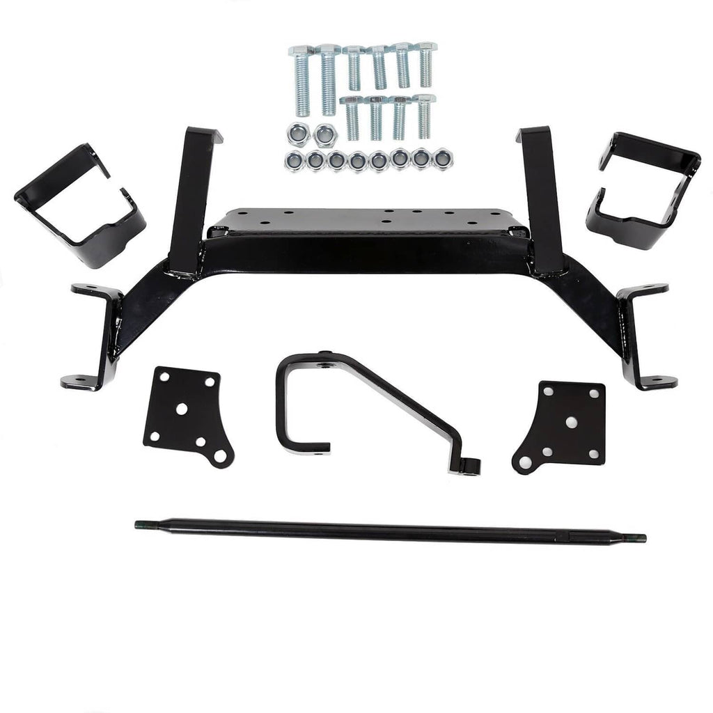 Drop axle lift kit parts set: black brackets, lift arm, and mounting hardware