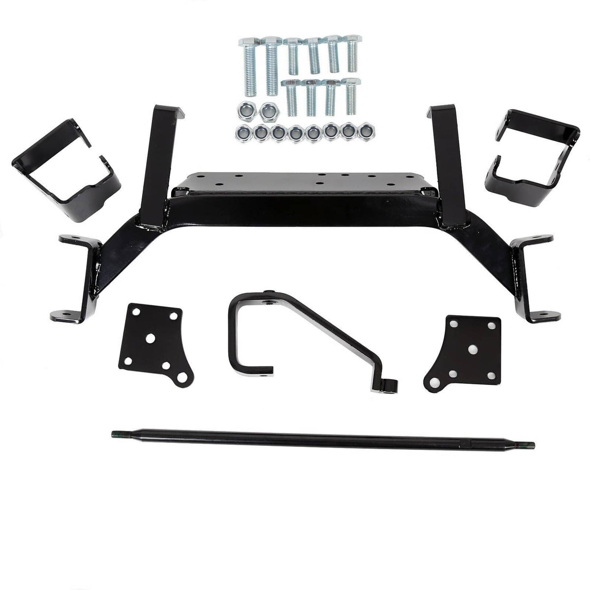 Drop axle lift kit parts set: black brackets, lift arm, and mounting hardware