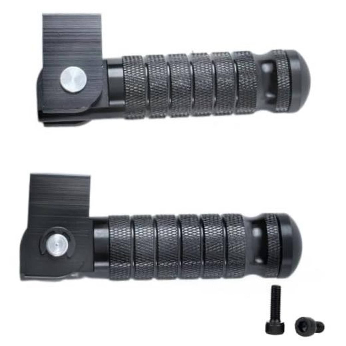 Universal CNC motorcycle foot pegs, black textured grips with mounting bracket and hardware