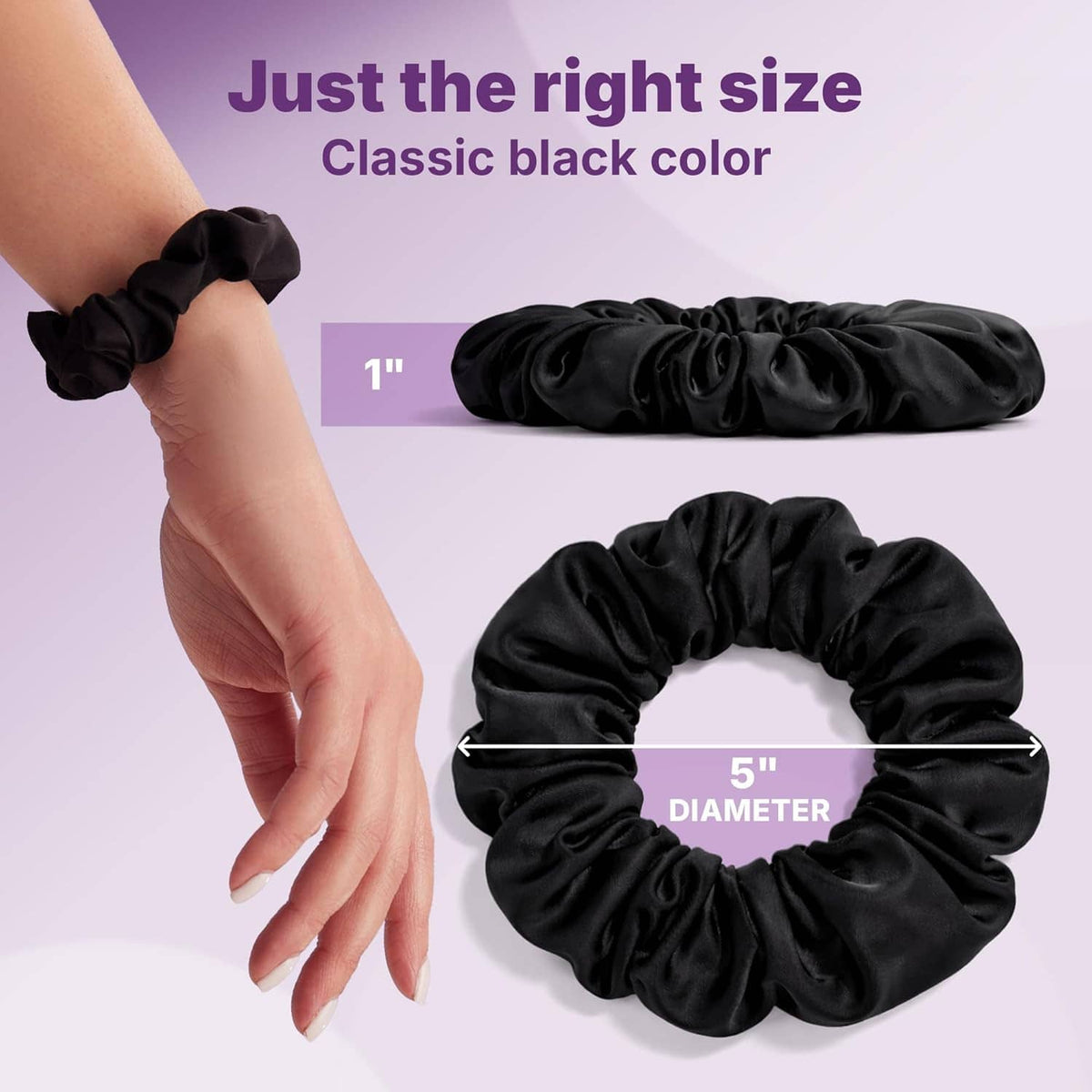 Black satin scrunchies with 1-inch and 5-inch sizes shown