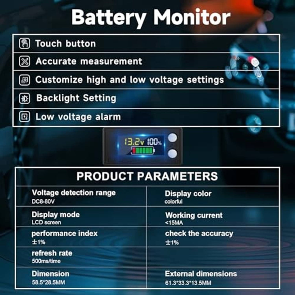 Battery monitor with LCD reading 13.2V and 100% plus two round buttons, dark housing