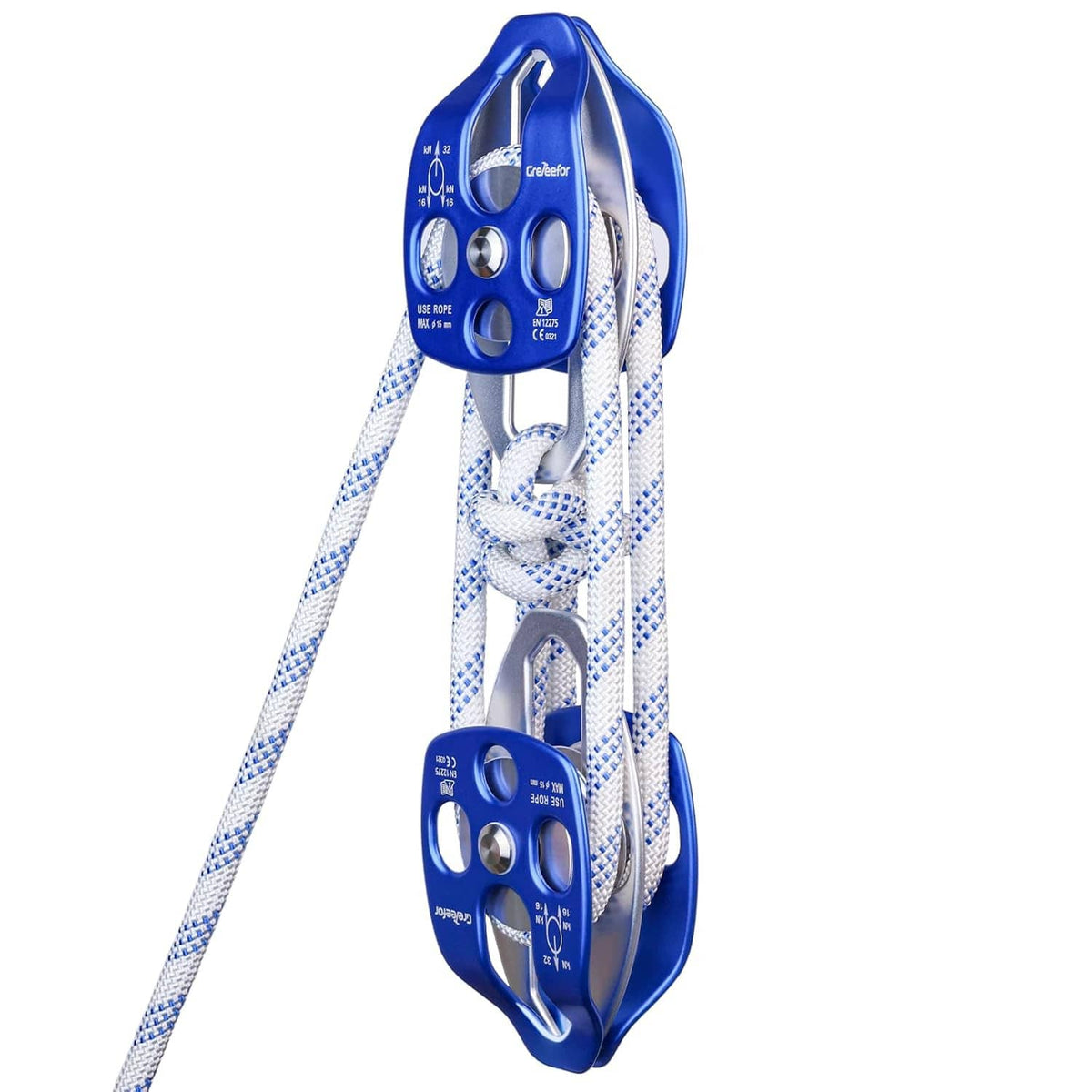 Blue double block and tackle pulley system with braided rope and two rotating sheaves